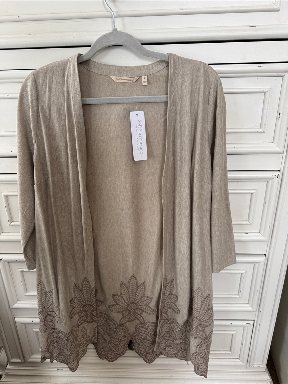 Soft Surroundings Taupe Embroidered Open-Front Cardigan